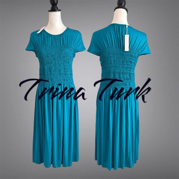 Trina Turk Entertain Women's Jersey Smocked Bodice Midi Dress Tile Blue Size Med - Picture 1 of 13